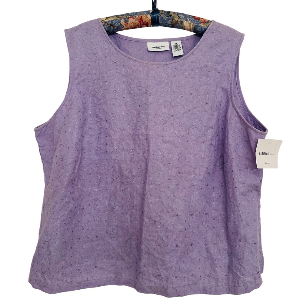 Parisian Works Women 2X Lilac 100% Linen Embroidered Sleeveless Tank Top New